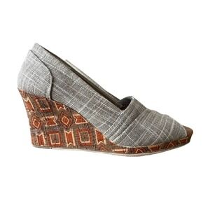 TOMS Southwestern Grey Wedge Peep Toe Casual Comfort Cork Heel Shoes Size 8‎